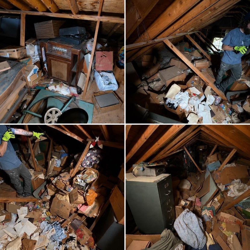 Flood-damaged attic with debris and a worker clearing rubble under exposed wooden beams
