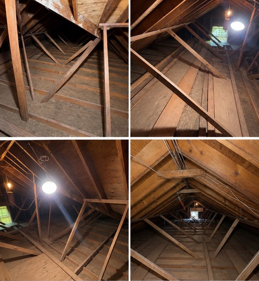 Attic interior with exposed wooden rafters and beams, shown from four angles around a bright ceiling light.