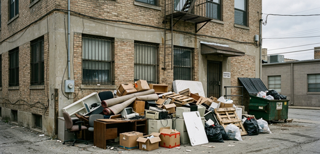 Overflowing trash pile and discarded furniture outside a brick building on a city street