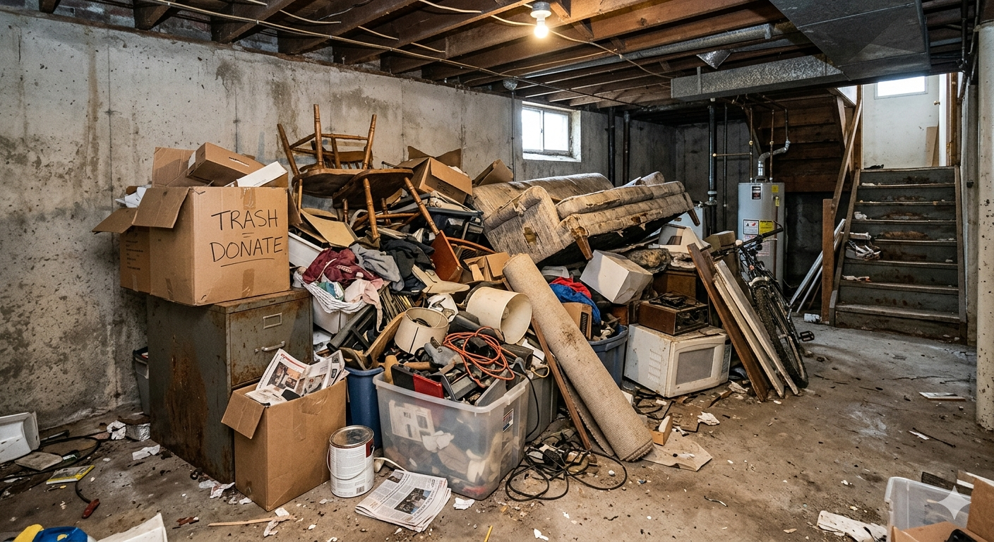 Basement cluttered with piles of trash, boxes, and debris under exposed beams.