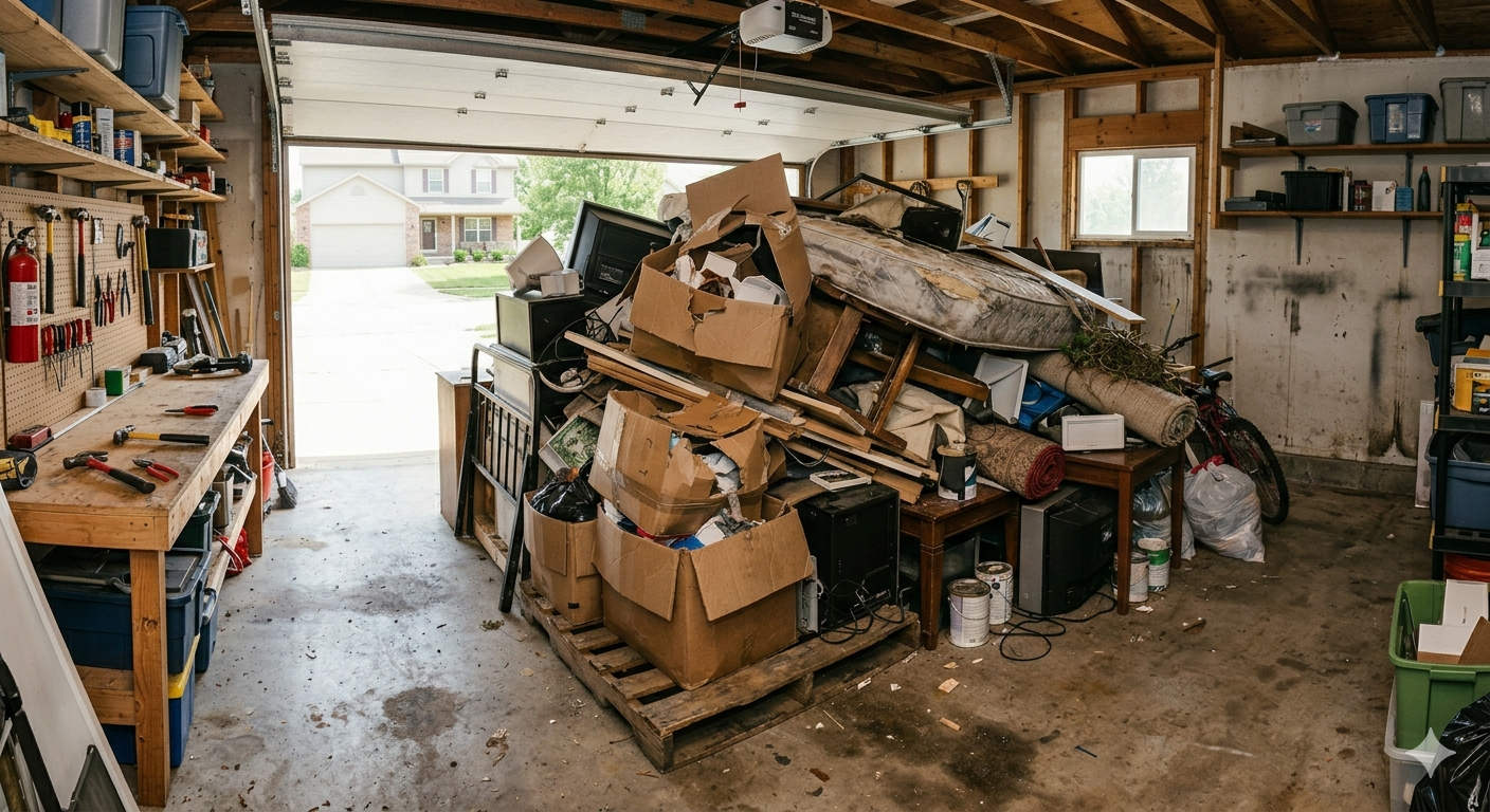 Cluttered garage filled with stacked boxes, debris, and tools, with an open door showing daylight outside