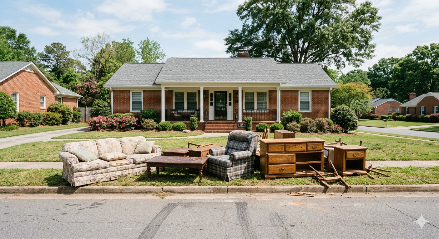 Front yard with piles of discarded furniture and wood along a suburban street in front of a brick house