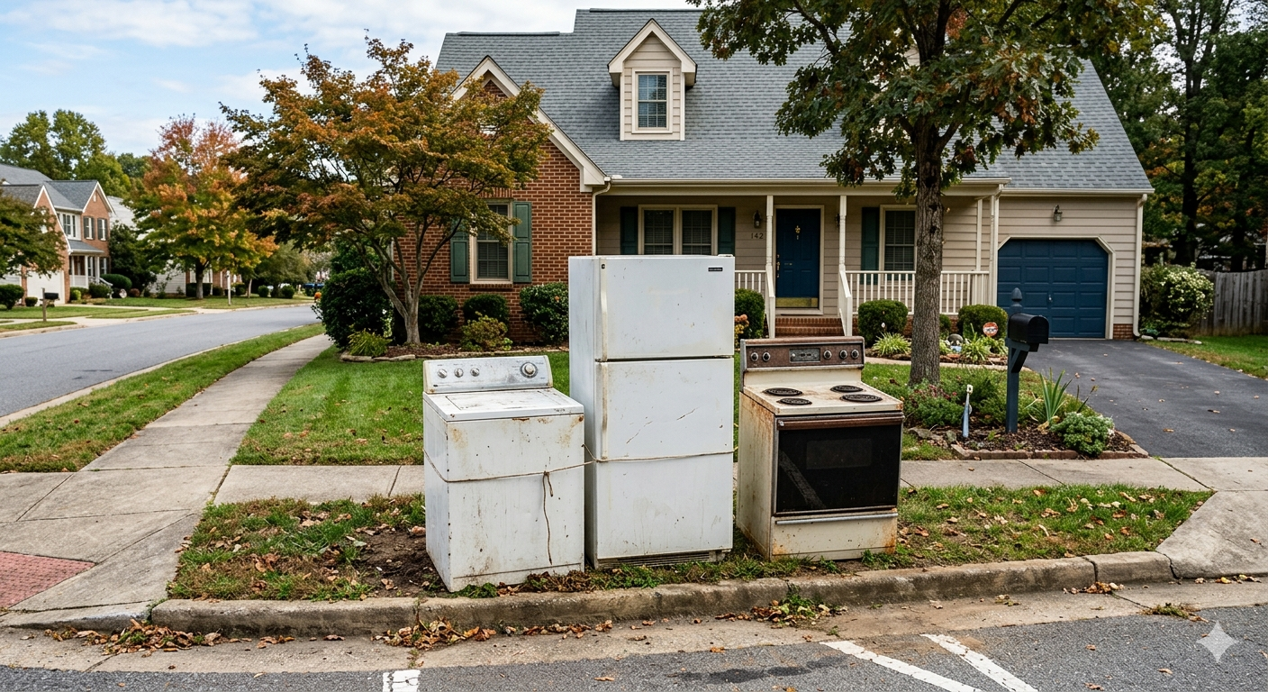 Three discarded appliances on a curb in front of a house in a suburban neighborhood