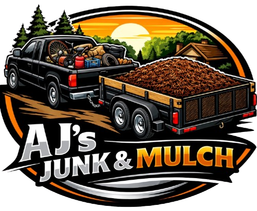 AJ&rsquo;s Junk & Mulch logo with black truck hauling mulch in front of a sunset landscape