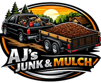 AJ’s Junk & Mulch logo with black truck hauling mulch in front of a sunset landscape