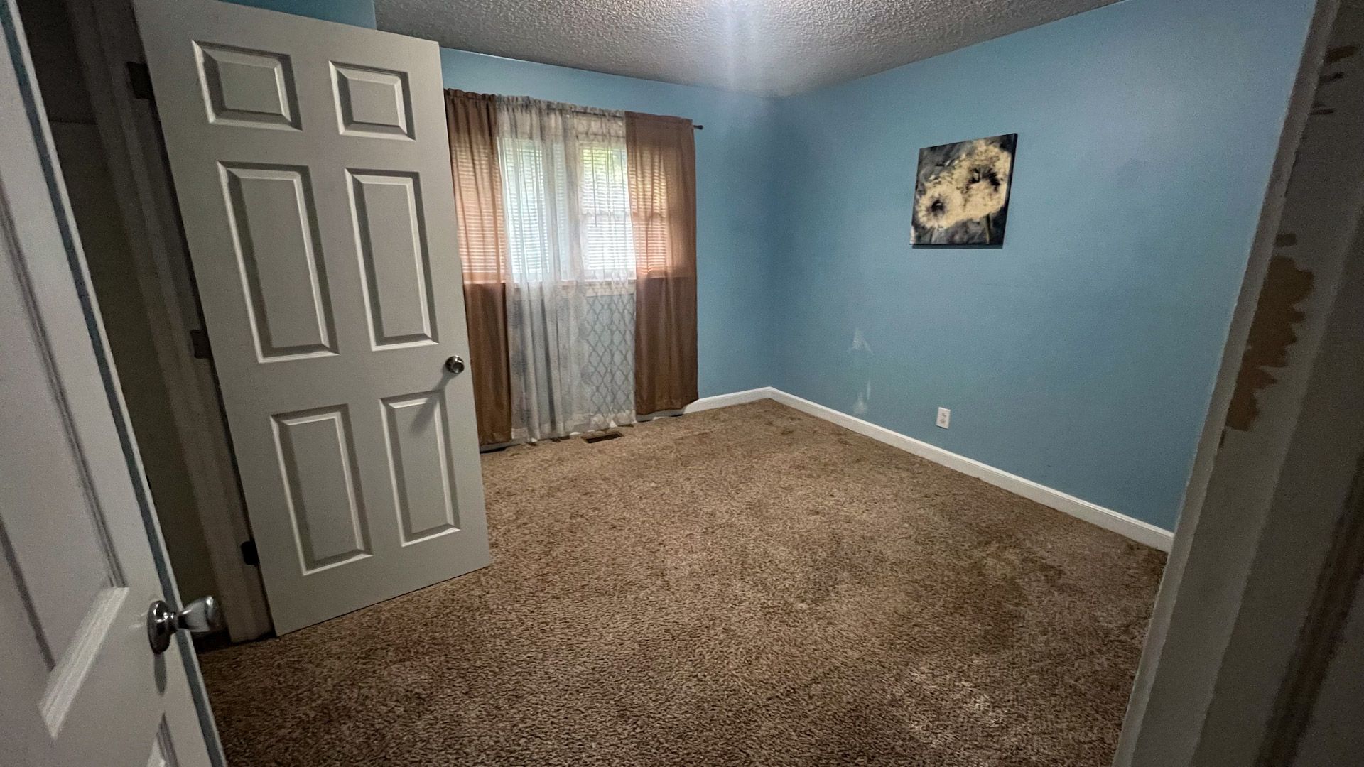 A bedroom with a door open and a picture on the wall.