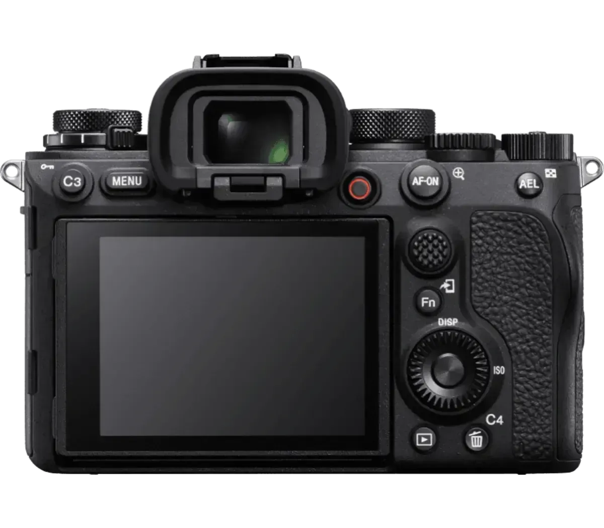 Rear view of a black digital camera with LCD screen and control dials