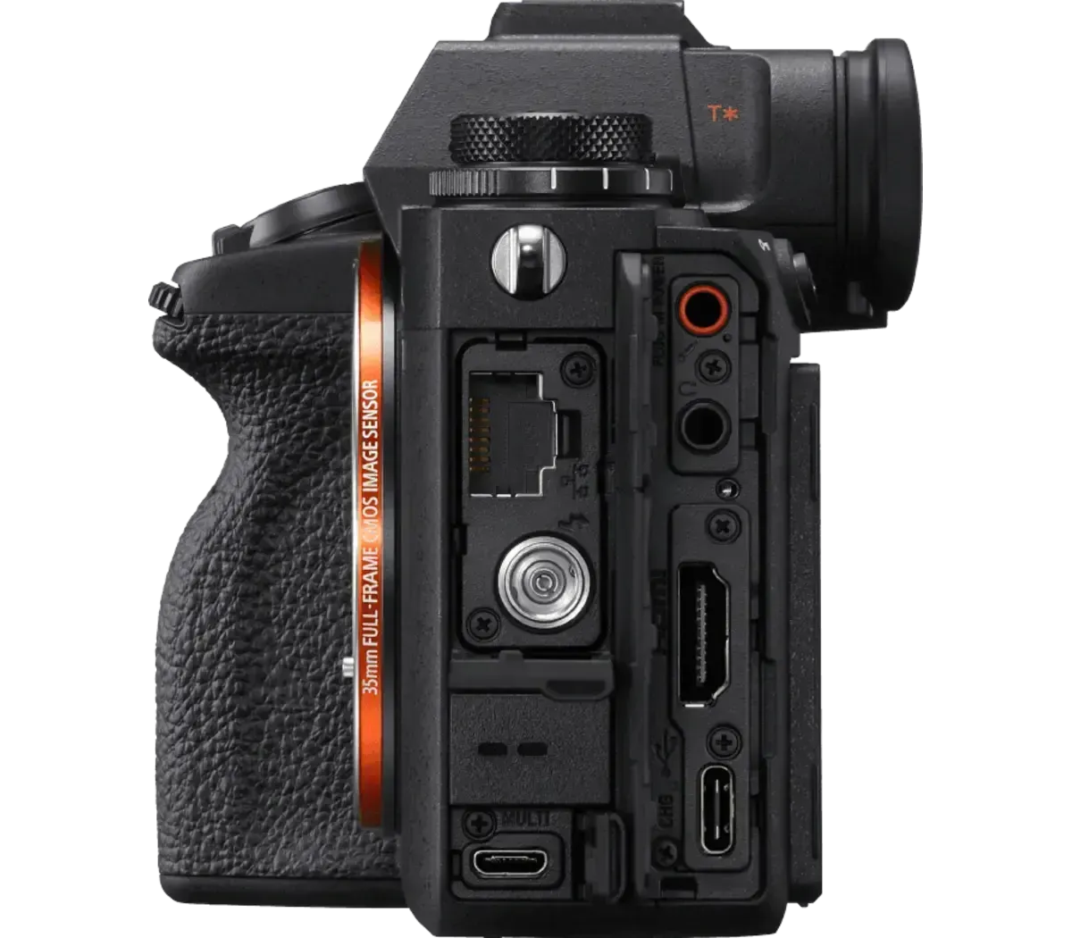 Side view of a black camera body with an electronic viewfinder and exposed ports.