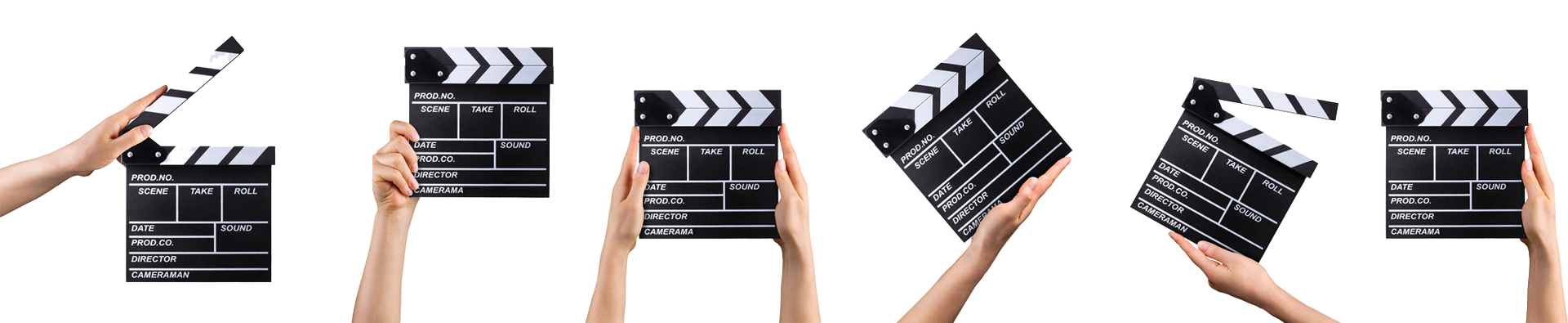 Hands holding and opening a black-and-white film clapperboard against a white background