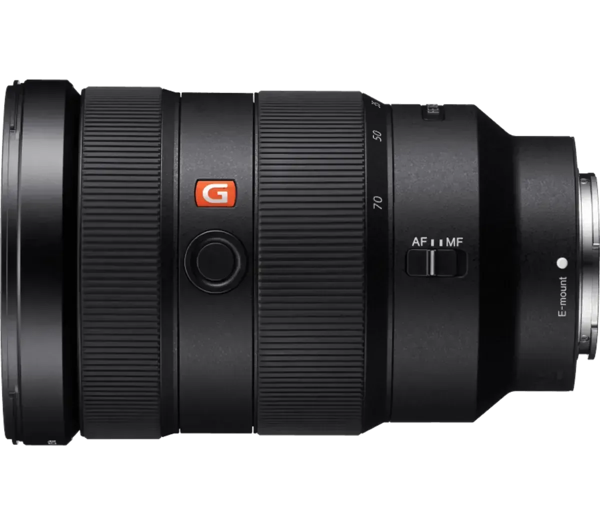 Black Sony G-series camera lens, side view, with focus switch and mounting ring