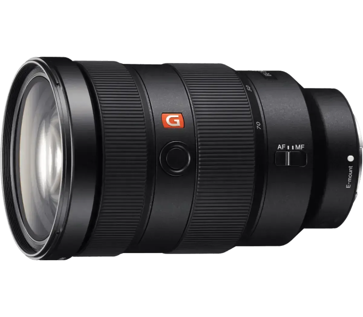 Black Sony G telephoto camera lens with white front ring and zoom/focus markings