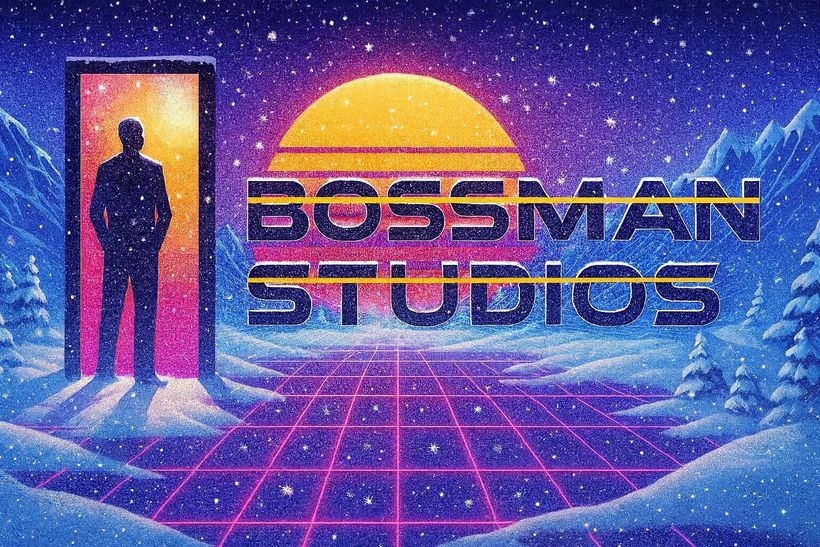 Neon retro landscape with a silhouetted figure, sunset, snowy trees, and the text “BOSSMAN STUDIOS”