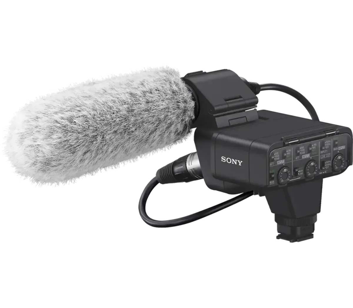 Sony shotgun microphone with gray furry windscreen and black recorder attached