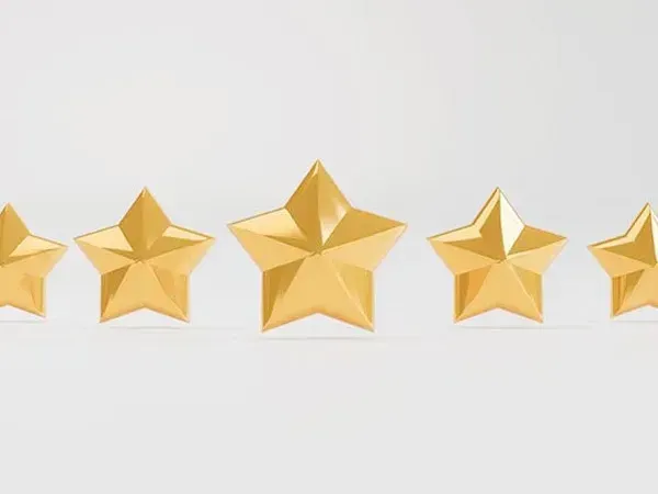 Five gold star icons on a light gray background, with the center star larger than the others