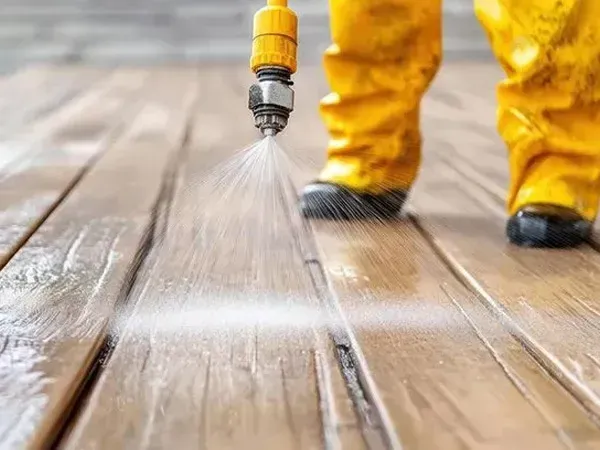 Person pressure-washing a wooden deck with yellow pants and boots