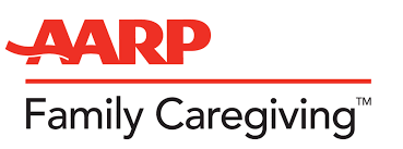 A red and white logo for aarp family caregiving