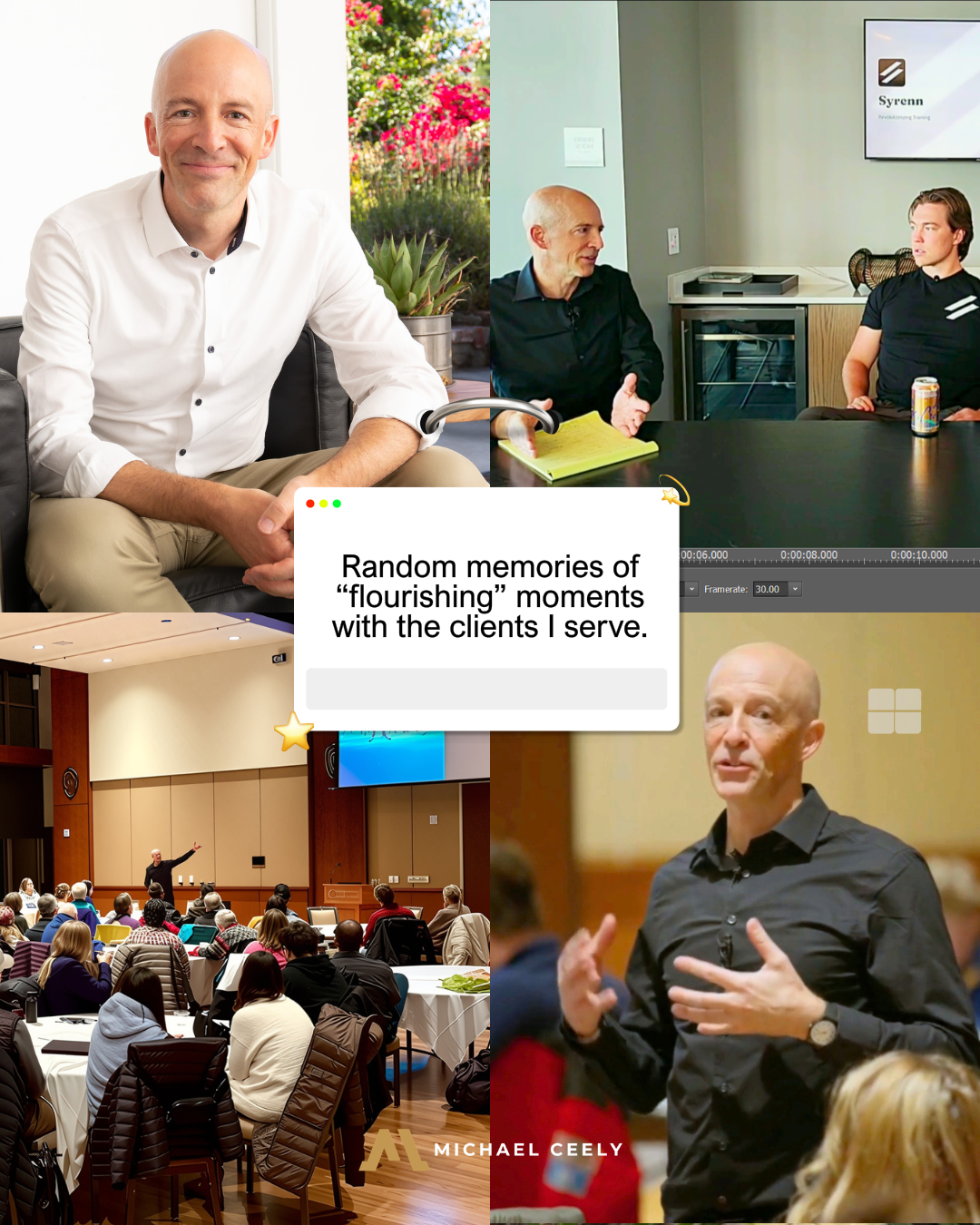 Collage of Michael Ceely speaking with clients, giving a presentation, and smiling in office and event settings