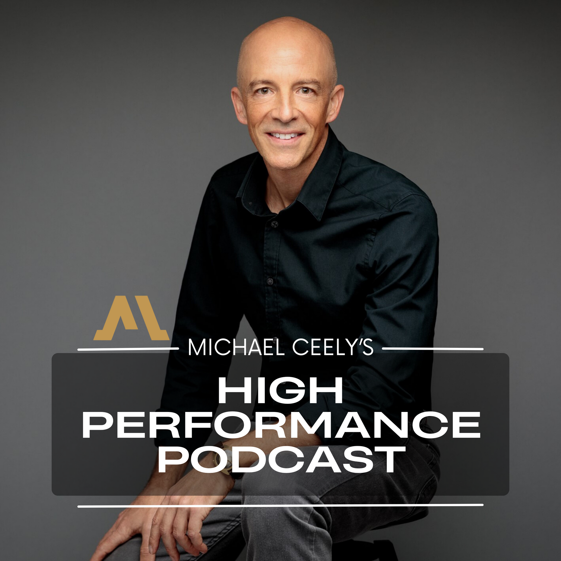 A man sitting on a stool in front of a sign that says Michael Ceely 's high performance podcast
