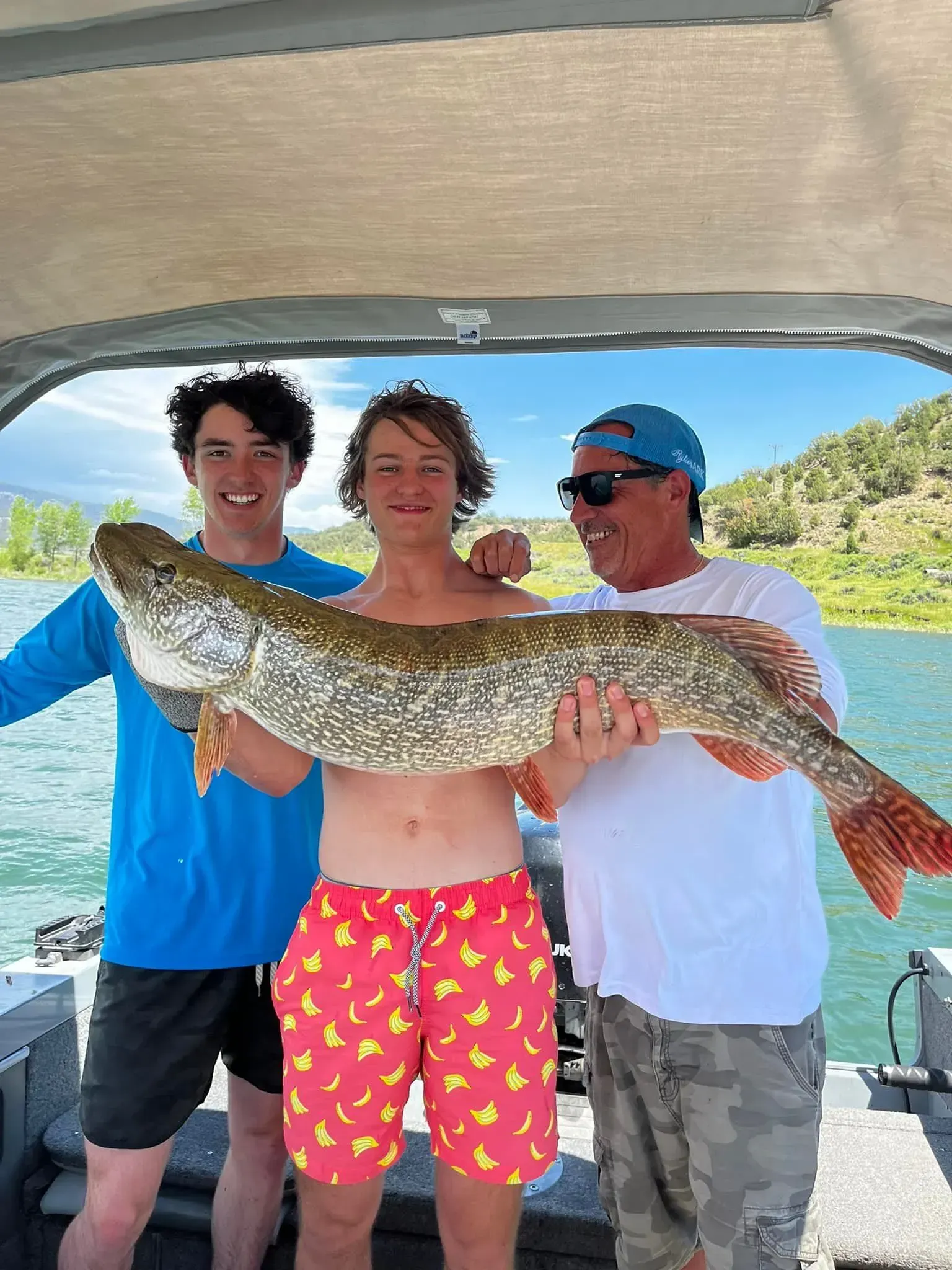 Three people hold a large fish on a boat. The man in shorts, the other two wear shirts. Background shows water and greenery.