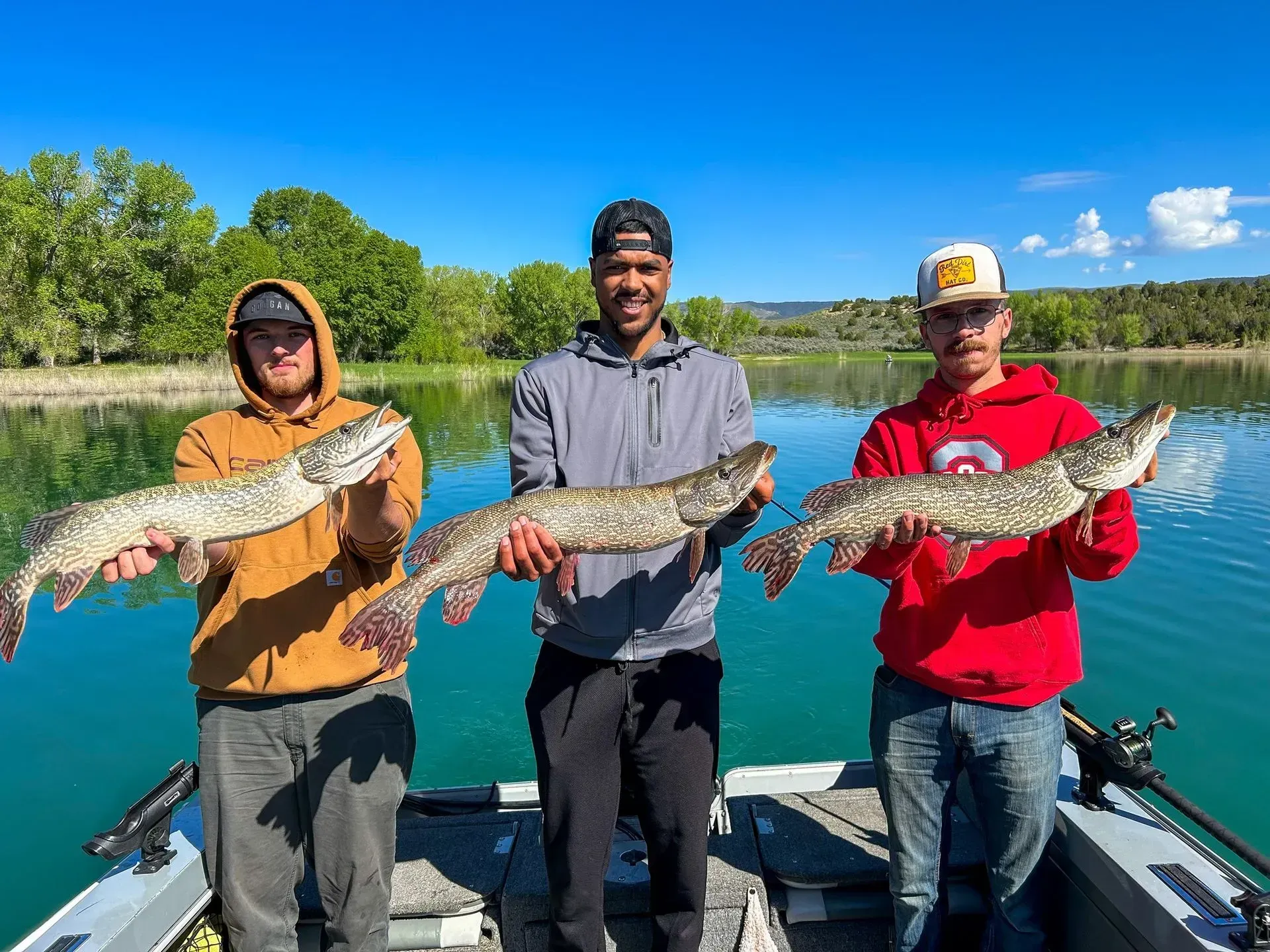 Three people on a boat holding large fish they caught, with a lake and trees in the background.