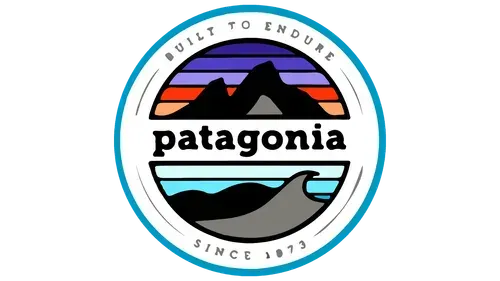 Patagonia logo: mountains, sunset, ocean wave, 