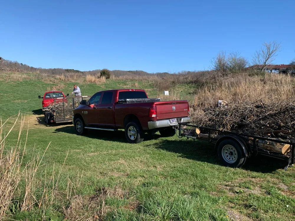 A red truck is pulling a trailer full of logs in a grassy field.