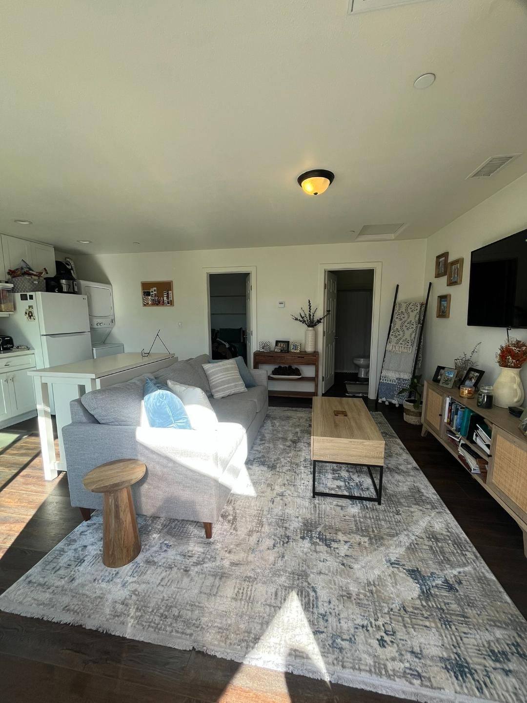 Bright living room with a gray sofa, coffee table, patterned rug, and wall-mounted TV.