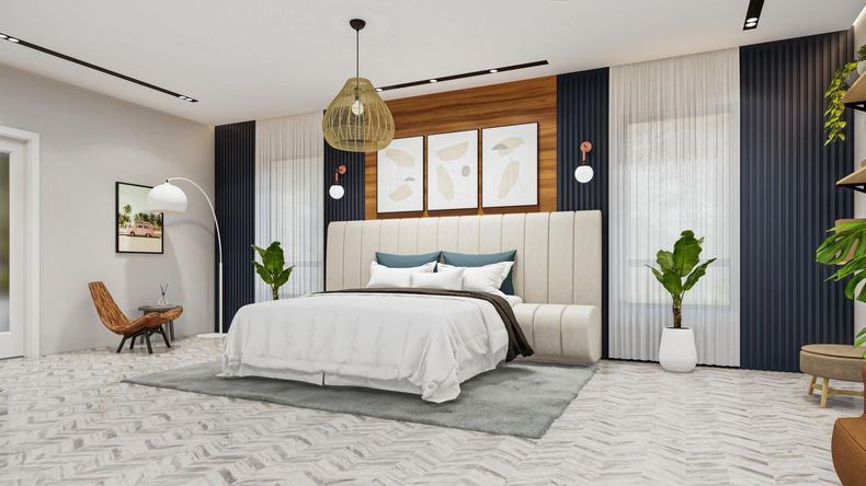 Modern bedroom with a large bed, blue and beige accents, pendant light, and plants on a patterned rug.