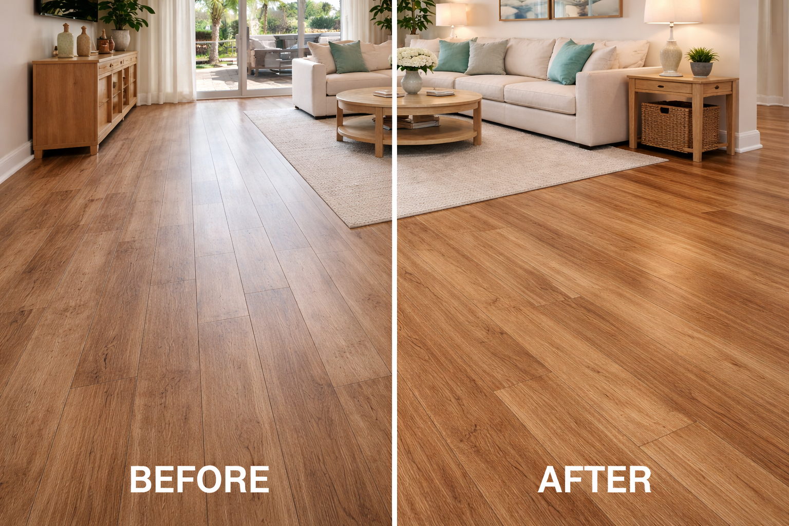 Split-view living room floor makeover: dark wood before, lighter refinished wood after