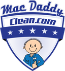 MacDaddyClean.com logo with blue shield, stars, and a cartoon cleaner holding a bottle