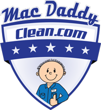 MacDaddyClean.com logo with blue shield, stars, and a cartoon cleaner holding a bottle
