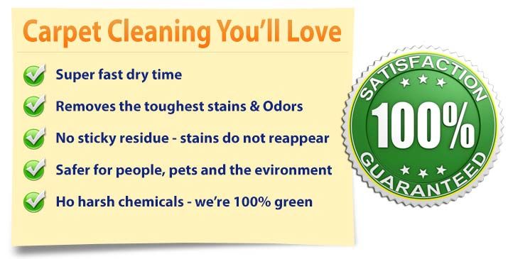 Carpet cleaning ad with 100% satisfaction guarantee and green checkmarked benefits.