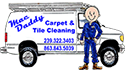 Blue-and-white carpet and tile cleaning ad with a smiling cleaner and a van logo
