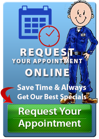 Advertisement: Request appointment online with a cartoon mechanic, calendar, clock, and green button.
