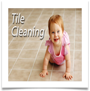 Toddler crawling on beige tile floor with “Tile Cleaning” text in the corner
