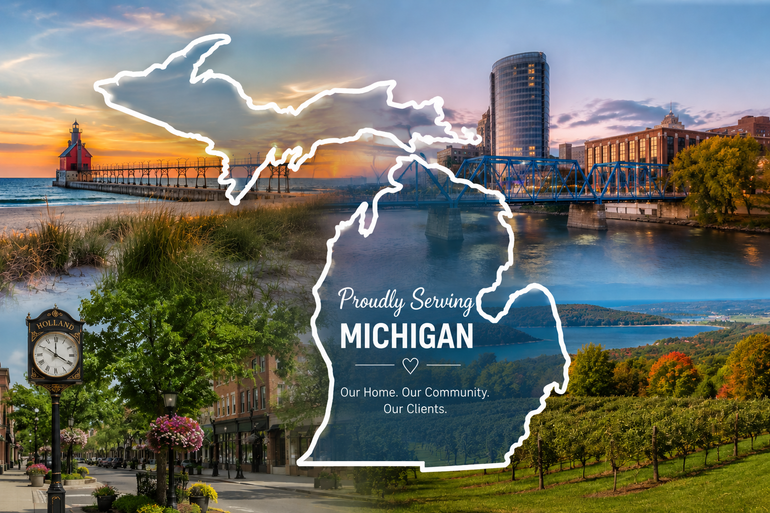 Michigan state collage with cityscapes and lake views, outlined state map in center with “Michigan” text