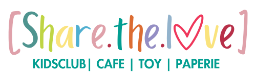 Share.the.love logo with pastel text and heart, reading “KIDSCLUB | CAFE | TOY | PAPERIE”
