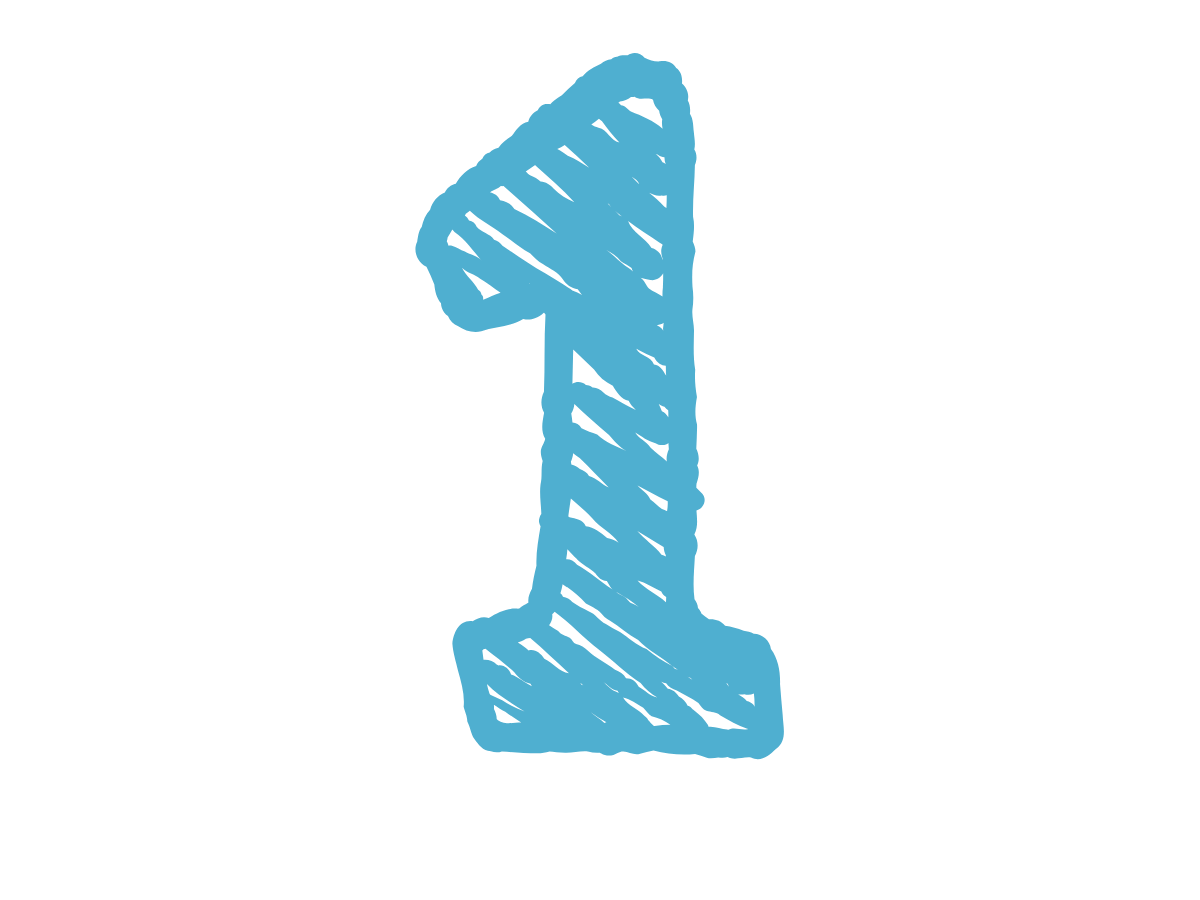 Blue hand-drawn number 1 on a white background