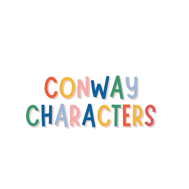 Colorful “Conway Characters” text in playful, multicolored letters on a white background