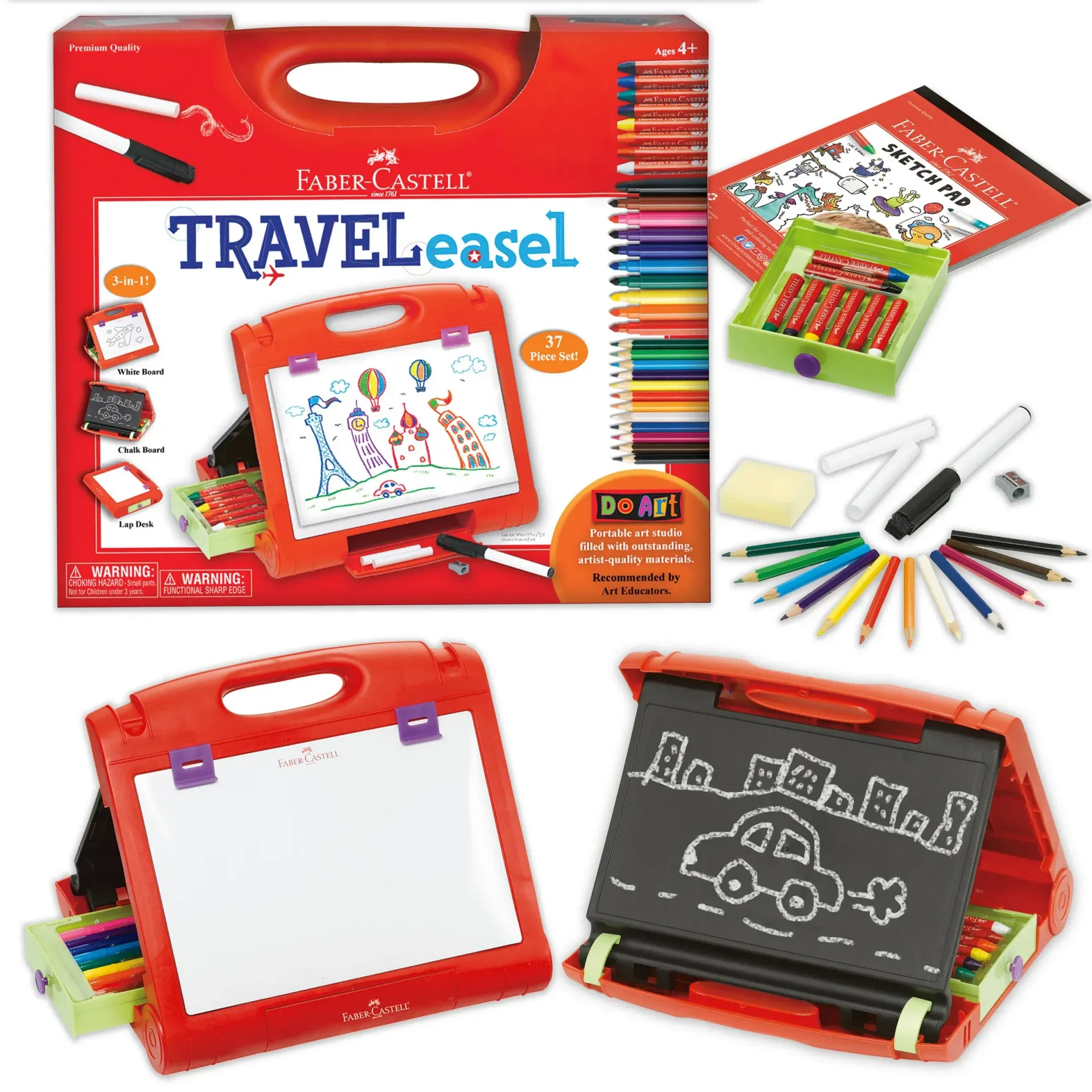 Travel easel art set with red carrying case, drawing board, chalkboard, markers, and crayons