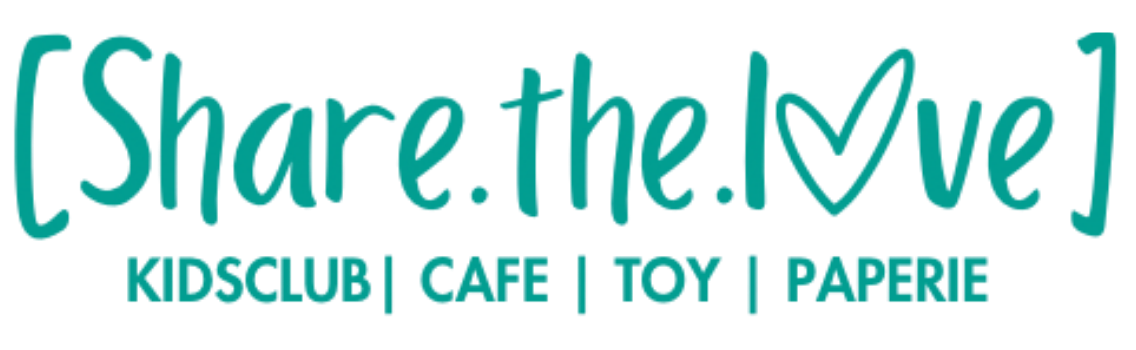 Share.the.Love logo in teal with heart icon, plus text “Kidsclub | Cafe | Toy | Papier”