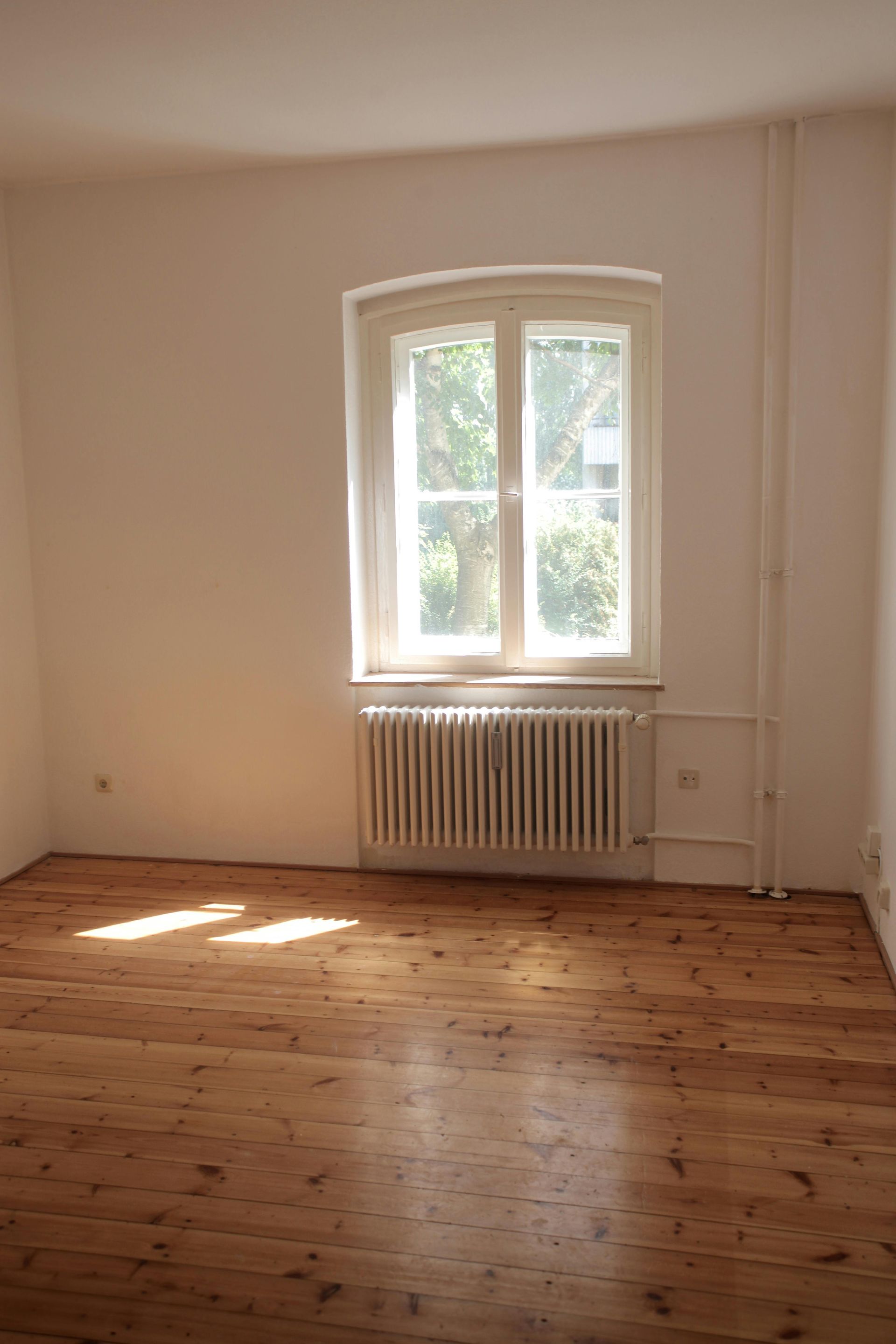 Empty room with hardwood floor, radiator under a window, and sunlight streaming in.