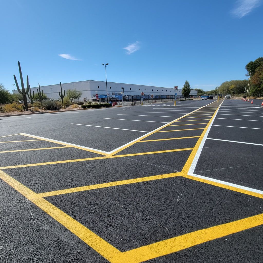 Fresh parking lot striping with yellow hatched lines on new asphalt for traffic control and safety