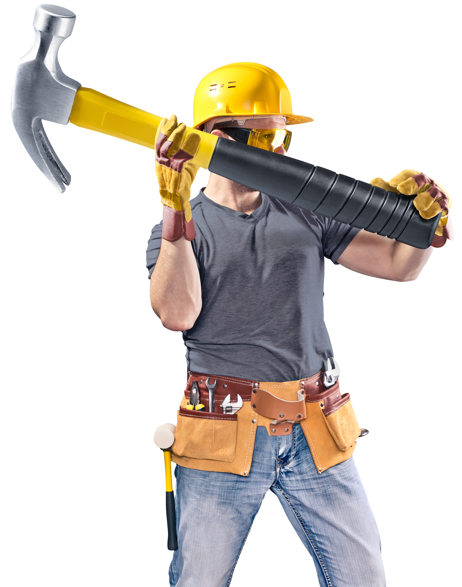 Construction worker carrying large adjustable wrench on shoulder.