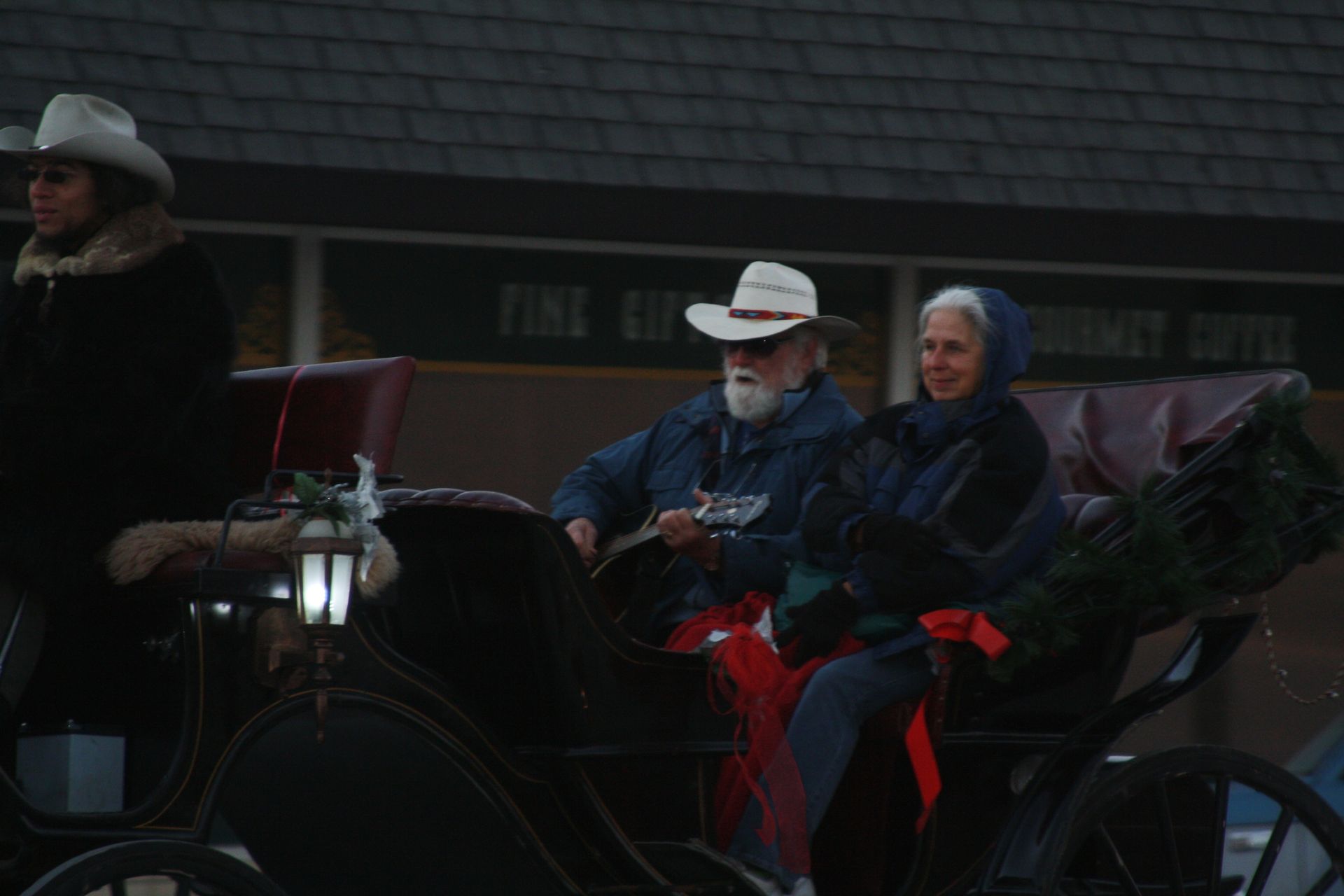 man playing guitar during horse drawn carriage ride