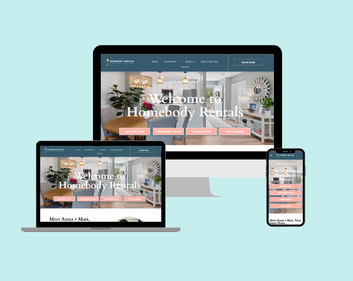 Website design for Homebody Rentals displayed on desktop, laptop, and smartphone.
