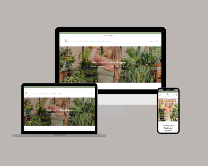Website design displayed on a laptop, monitor, and phone; a woman stands in a garden.