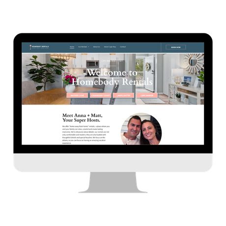 Computer screen displaying Homebody Rentals website with a couple's photo and interior shots.