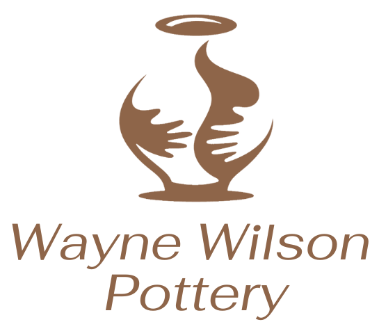 A logo for wayne wilson pottery with two hands holding a vase