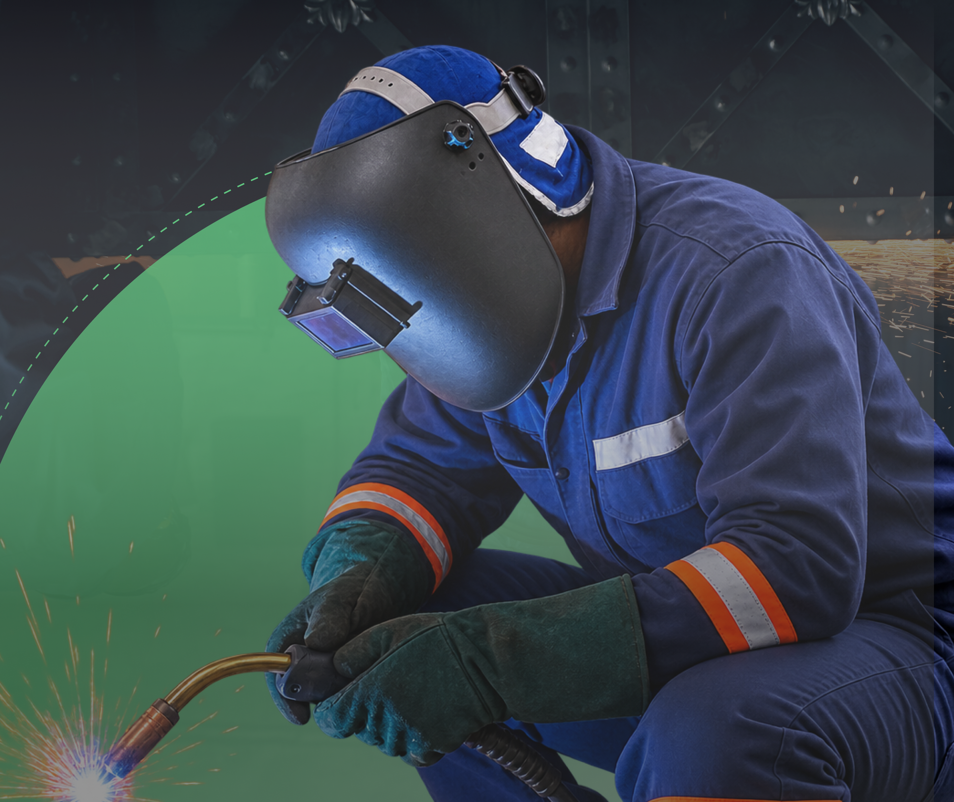 Welding worker in blue protective gear using a torch, sparks flying in a workshop.